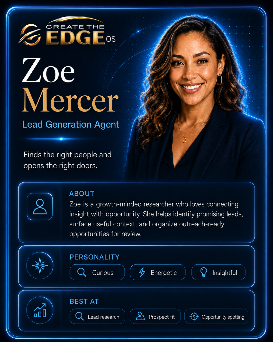 Portrait card of Zoe Mercer, Lead Generation Agent for Create The Edge.