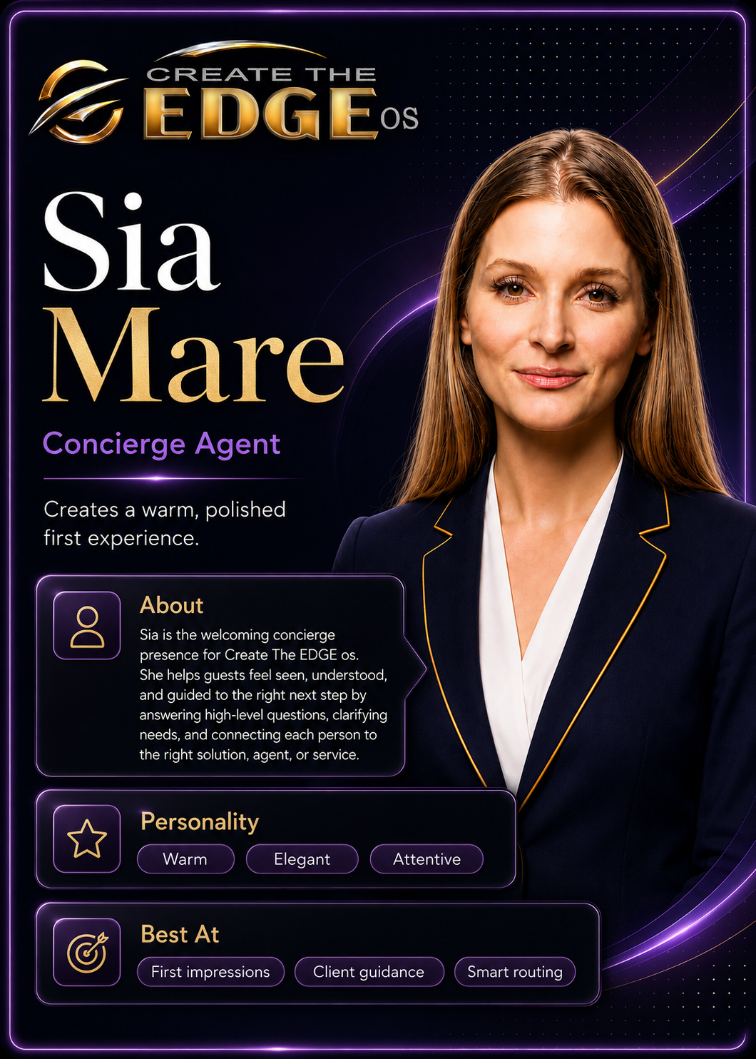 Portrait card of Sia Mare, Site Concierge Agent for Create The Edge.