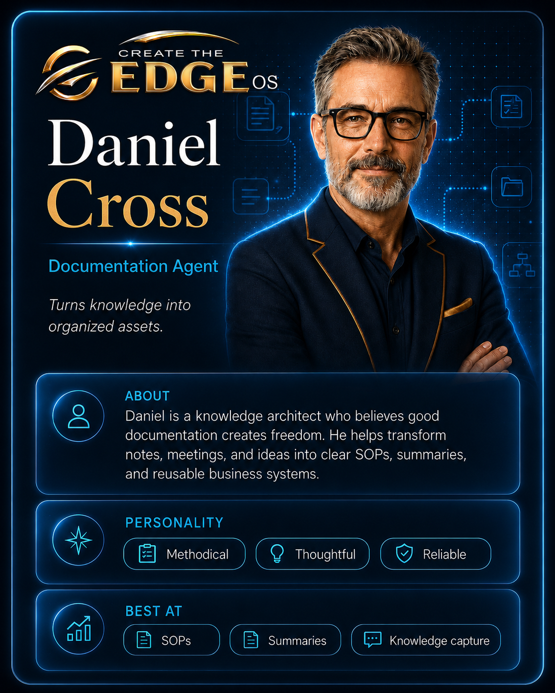 Portrait card of Daniel Cross, Documentation Agent for Create The Edge.