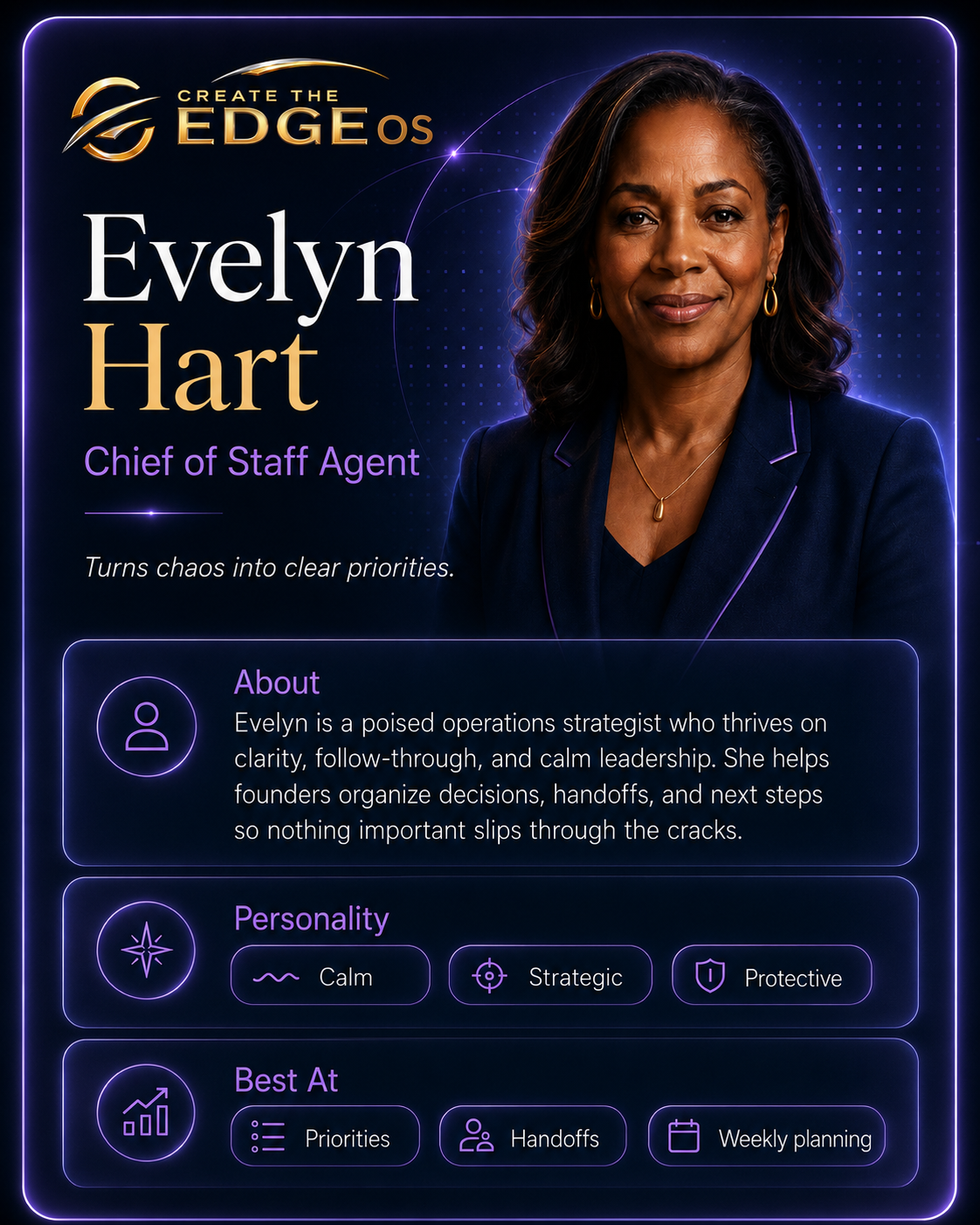 Portrait card of Evelyn Hart, Chief of Staff Agent for Create The Edge.