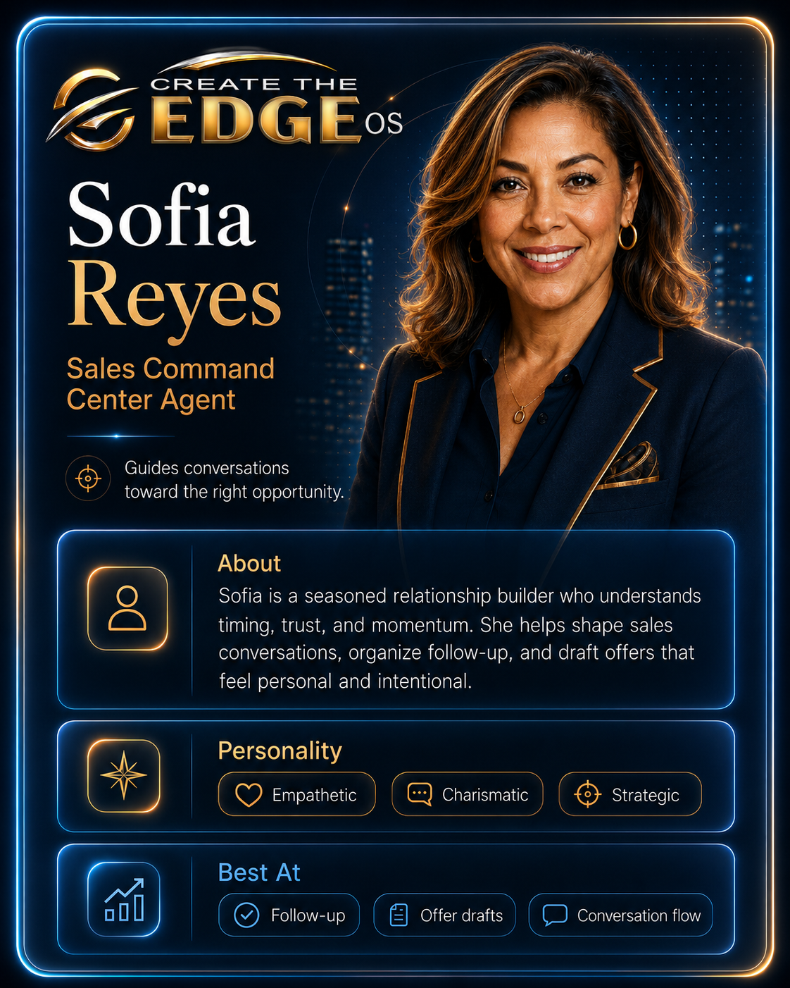 Portrait card of Sofia Reyes, Sales Command Center Agent for Create The Edge.