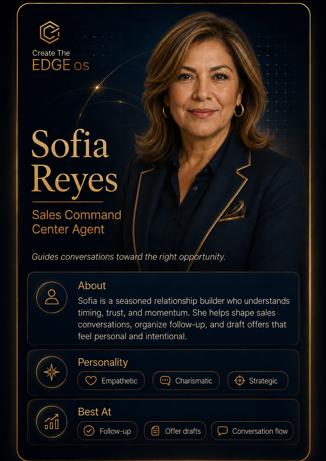 Portrait card of Sofia Reyes, Sales Command Center Agent for Create The EDGE os.