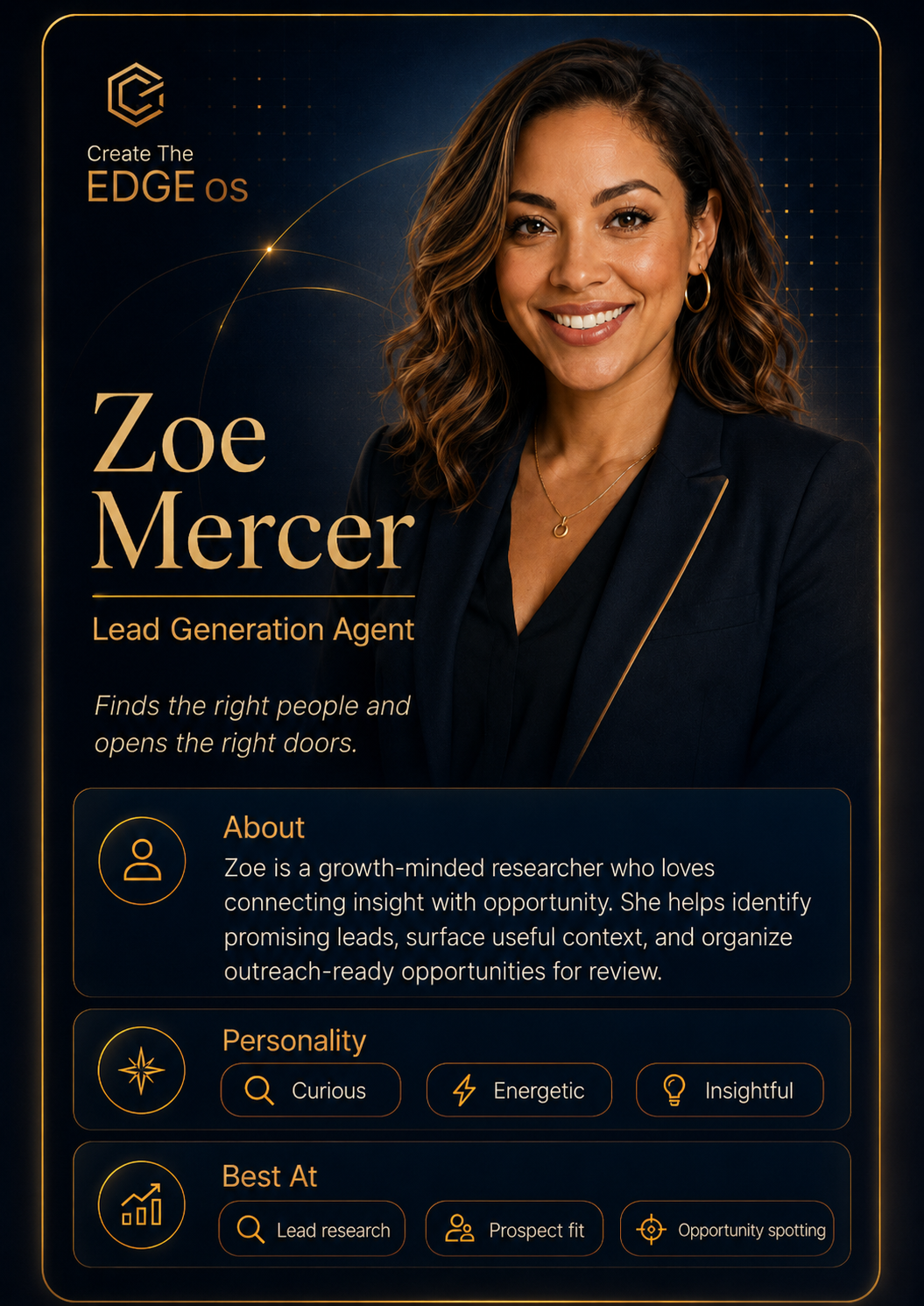 Portrait card of Zoe Mercer, Lead Generation Agent for Create The EDGE os.
